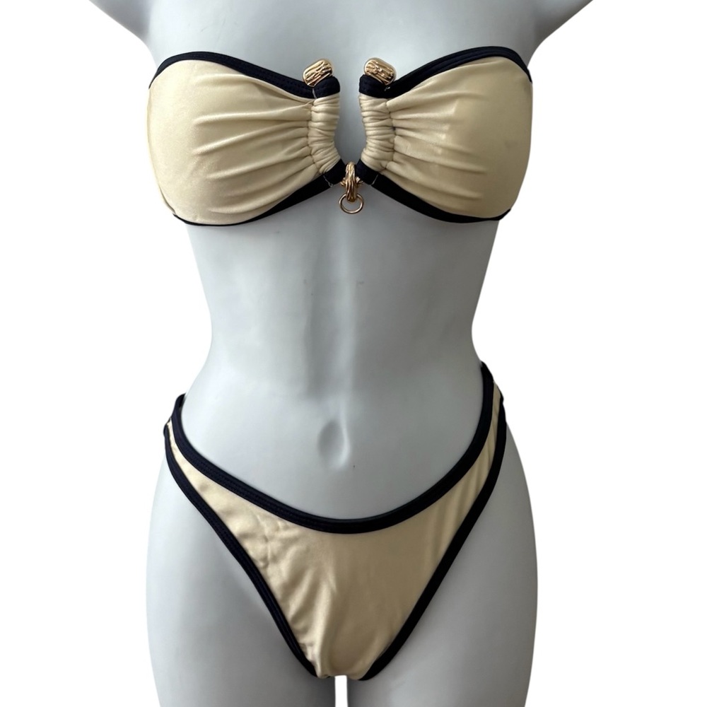 SEAMOLLY Women’s Crystal Cream Ruched U-ring Metal Tie Back Bikini Sz Small NWT